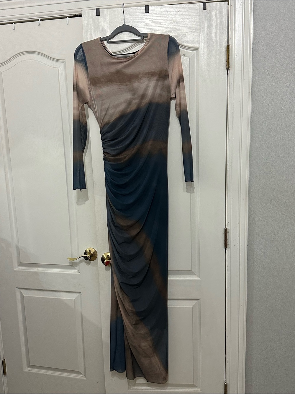 Ruched Long Sleeve Maxi Dress in Taupe and Navy